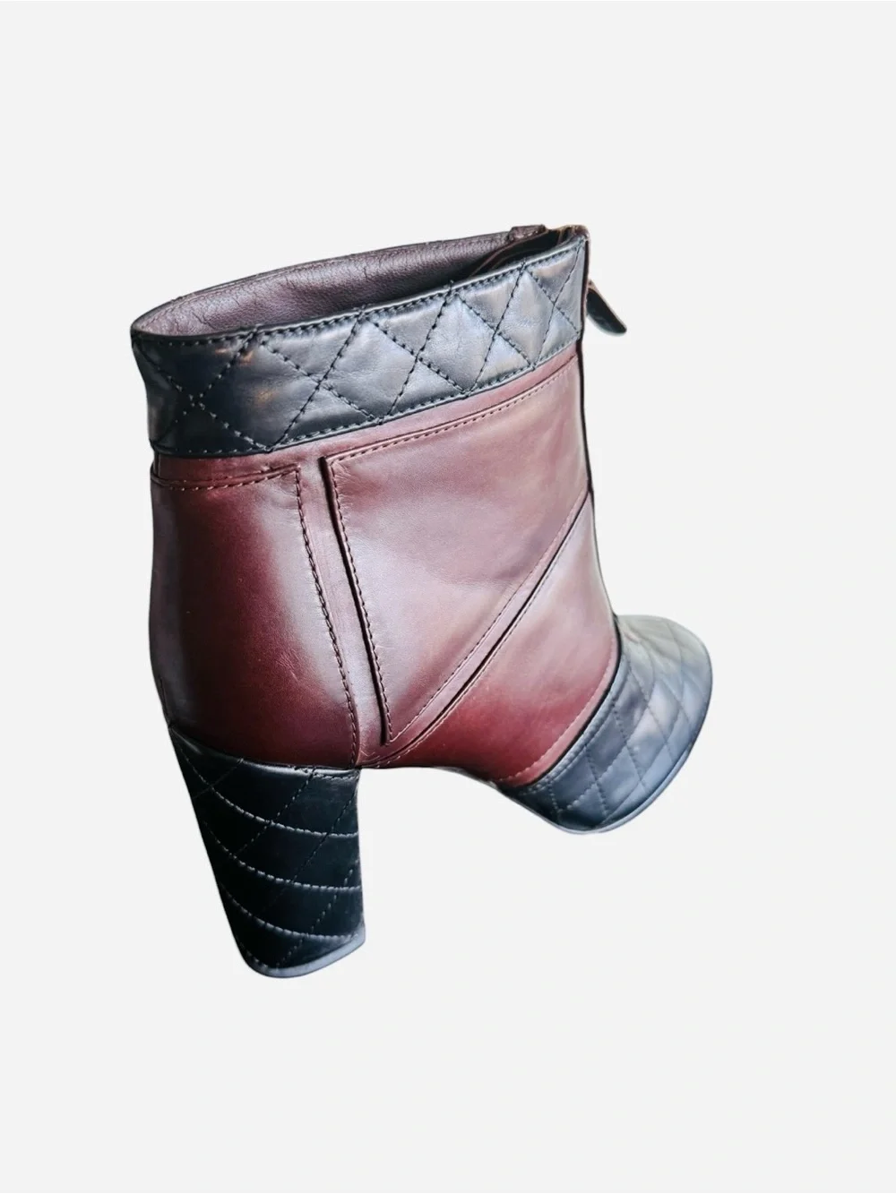 Chanel Quilted Two-Tone Leather Ankle Boots Burgundy & Black Sz EU 39.5/US 9.5